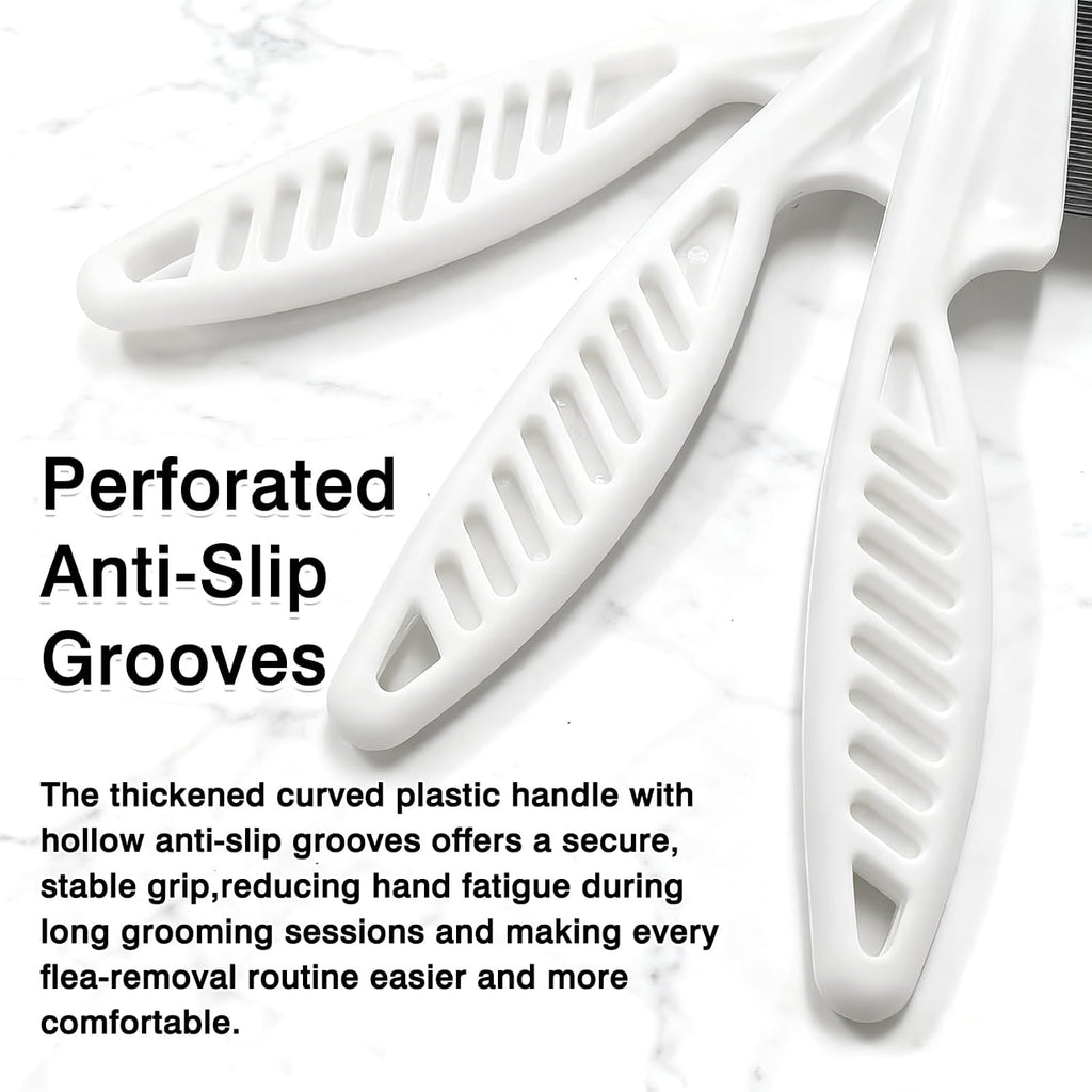 55 TRENDS white non-slip handle pet comb being used on dog fur for flea detection.