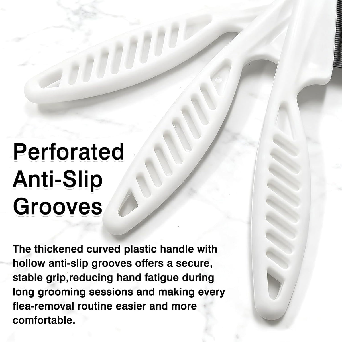 55 TRENDS white non-slip handle pet comb being used on dog fur for flea detection.