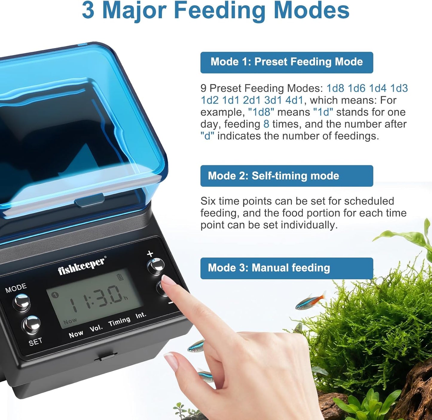 Fishkeeper rechargeable auto food dispenser displaying the adjustable mounting clamp attachment on a glass fish tank.