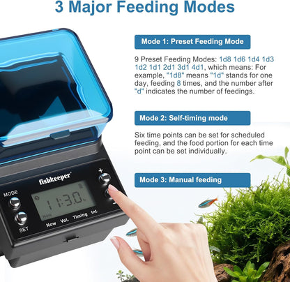 Fishkeeper rechargeable auto food dispenser displaying the adjustable mounting clamp attachment on a glass fish tank.