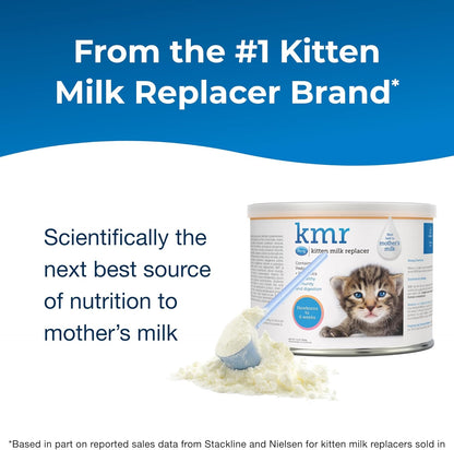 KMR kitten milk replacer powder six Ounce container showing ingredients and feeding guide
