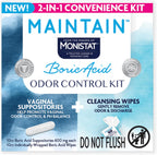 Monistat Maintain Boric Acid Odor Control Kit front view showing suppositories and wipes packaging