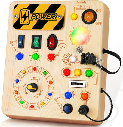 Hoarosall Montessori wooden busy board front view showing colorful LED lights and interactive toggle switches for toddler sensory development.