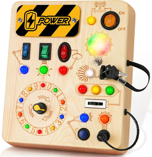 Hoarosall Montessori wooden busy board front view showing colorful LED lights and interactive toggle switches for toddler sensory development.