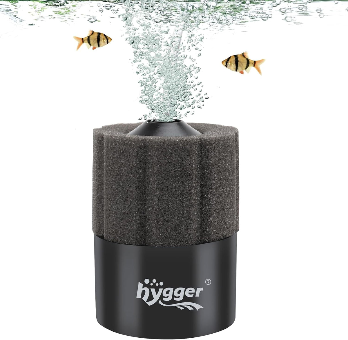 Hygger aquarium sponge filter front view showing dual filtration layers for small fish tanks.
