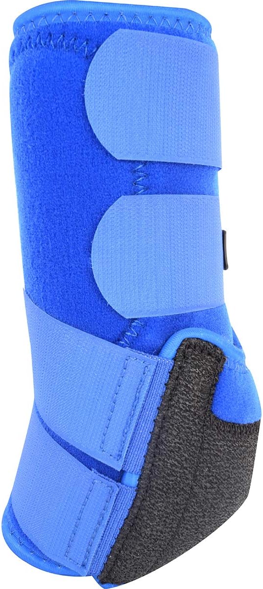 Side profile of blue performance equine boots featuring the secure hook-and-loop closures.