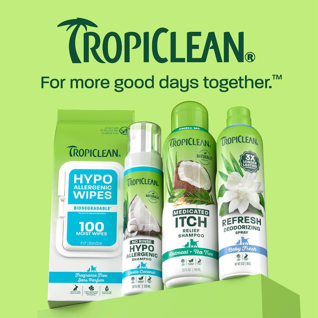TropiClean pet shampoo packaging and cap detail