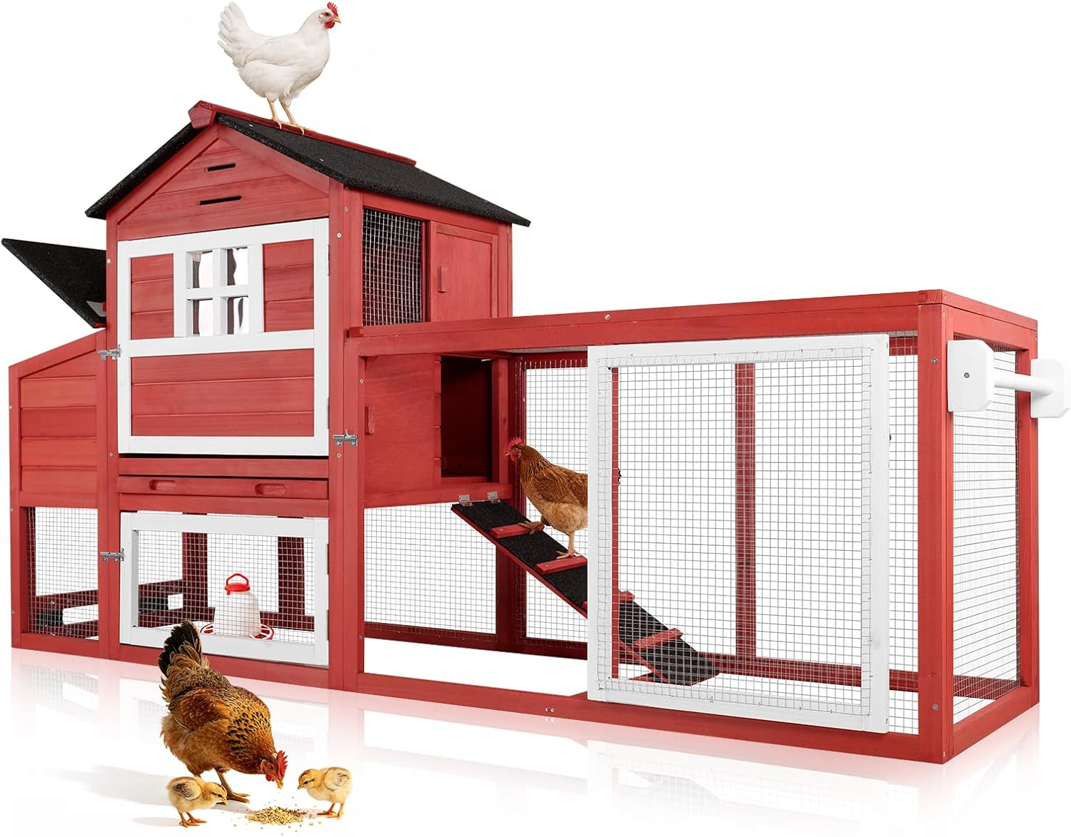Portable Chicken Coop with Wheels Poultry Cage, Wooden Chicken Coop for 4-6 Chickens, Nesting Box, Pull-Out Tray, Ventilated Windows, Asphalt Weatherproof Roof, 81.5" Lx25.6 Wx44.1 H, Red - Image 1