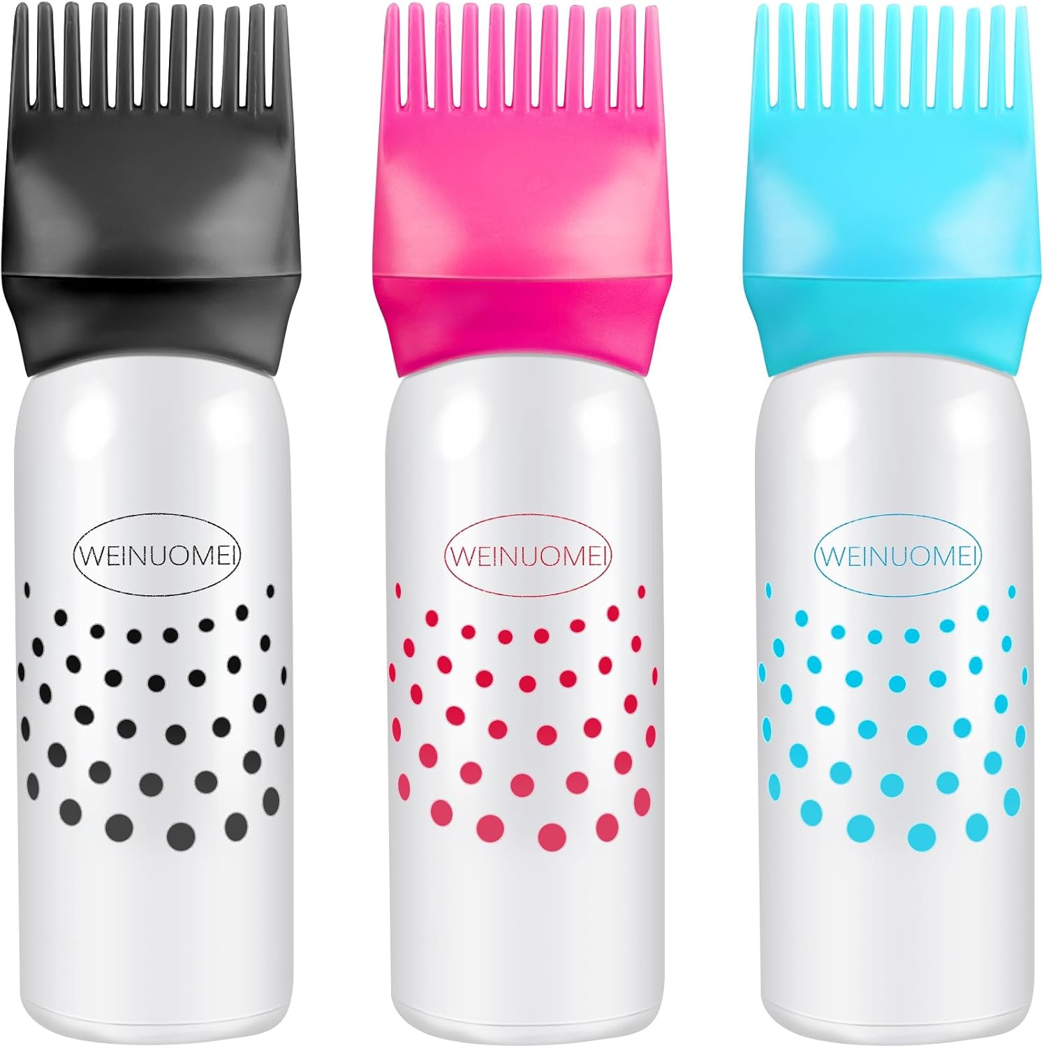 Framendino root comb applicator bottle set front view showing blue black and red caps for hair oiling.