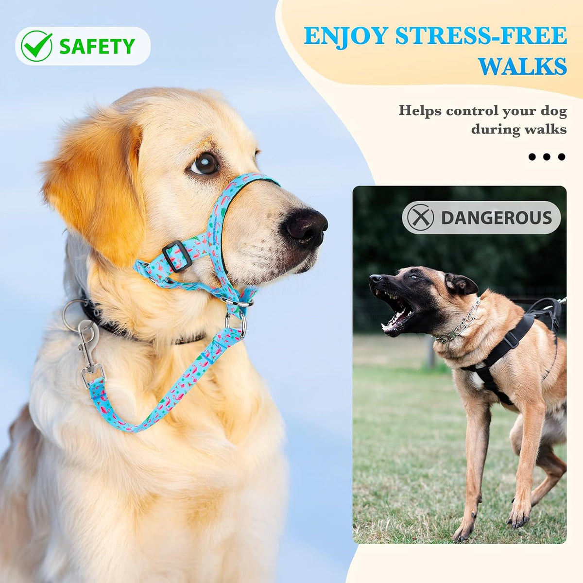 Side profile of a large breed dog wearing the reflective anti pull muzzle lead