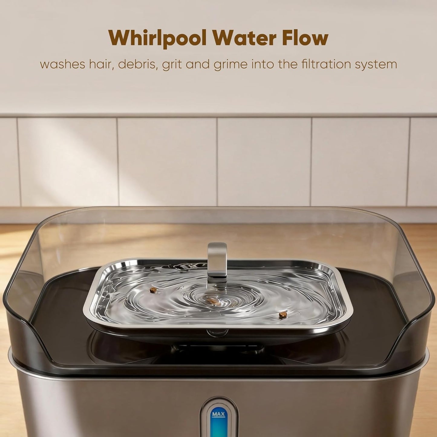 Close up of Sharlovy pet fountain water level window and filter system