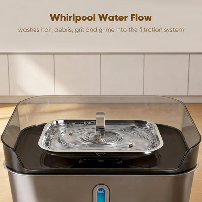Close up of Sharlovy pet fountain water level window and filter system
