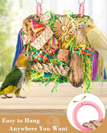 Close up of colorful rattan balls on a seagrass mat bird toy.