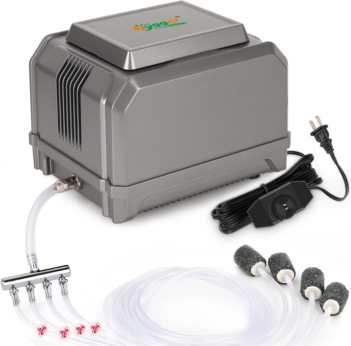 Hygger aquarium air pump front view with 4-outlet diverter