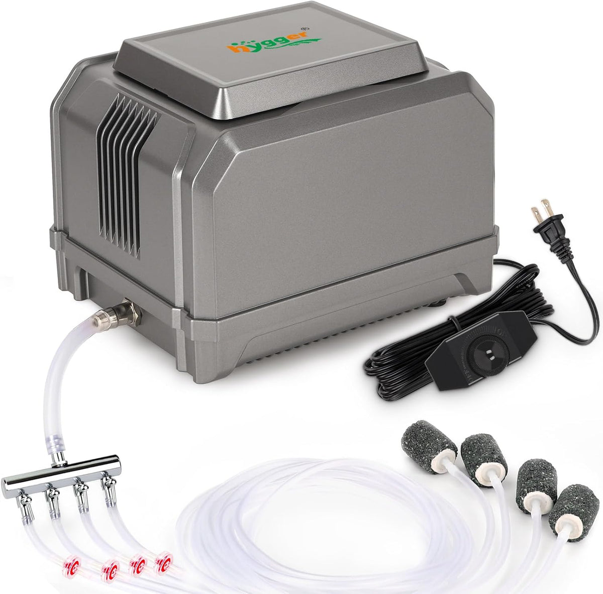 Hygger aquarium air pump front view with 4-outlet diverter