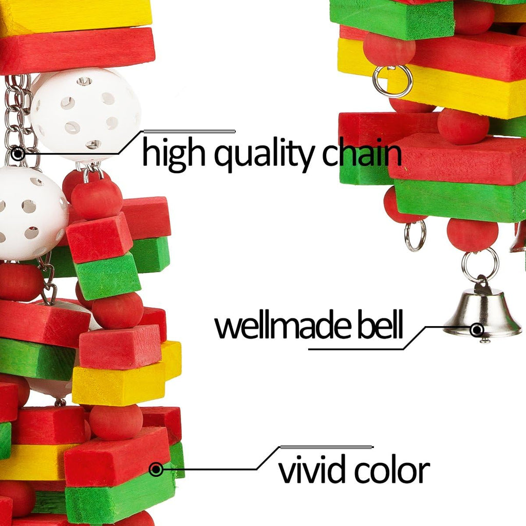Large macaw parrot interacting with 22 inch hanging wooden chew toy