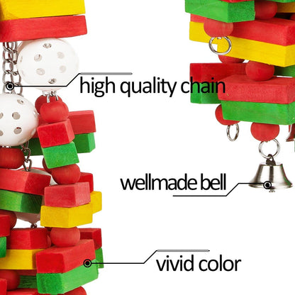 Heavy duty metal chains and bells featured on the MEWTOGO large bird enrichment toy.