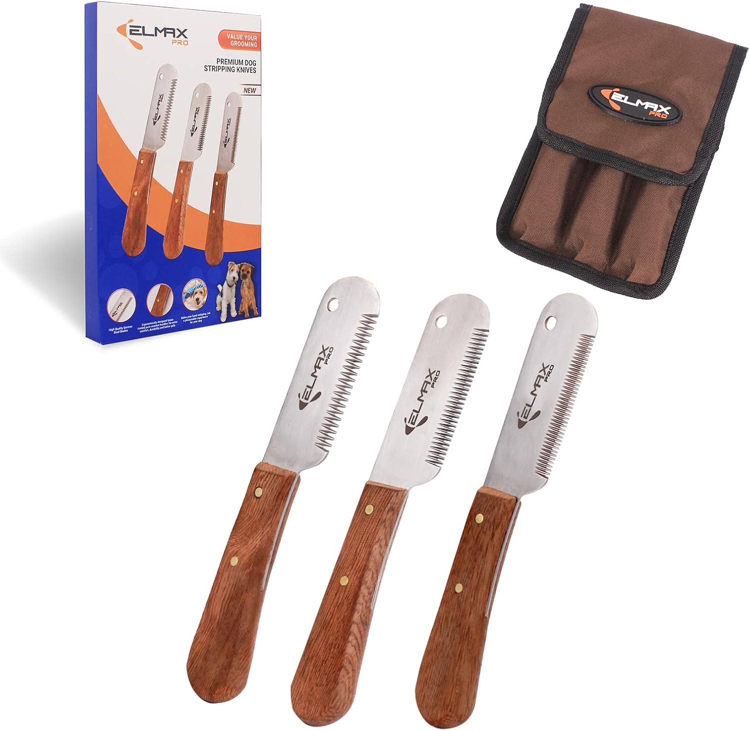 Elmax Pro professional dog stripping knife set front view with rosewood handles and stainless steel blades