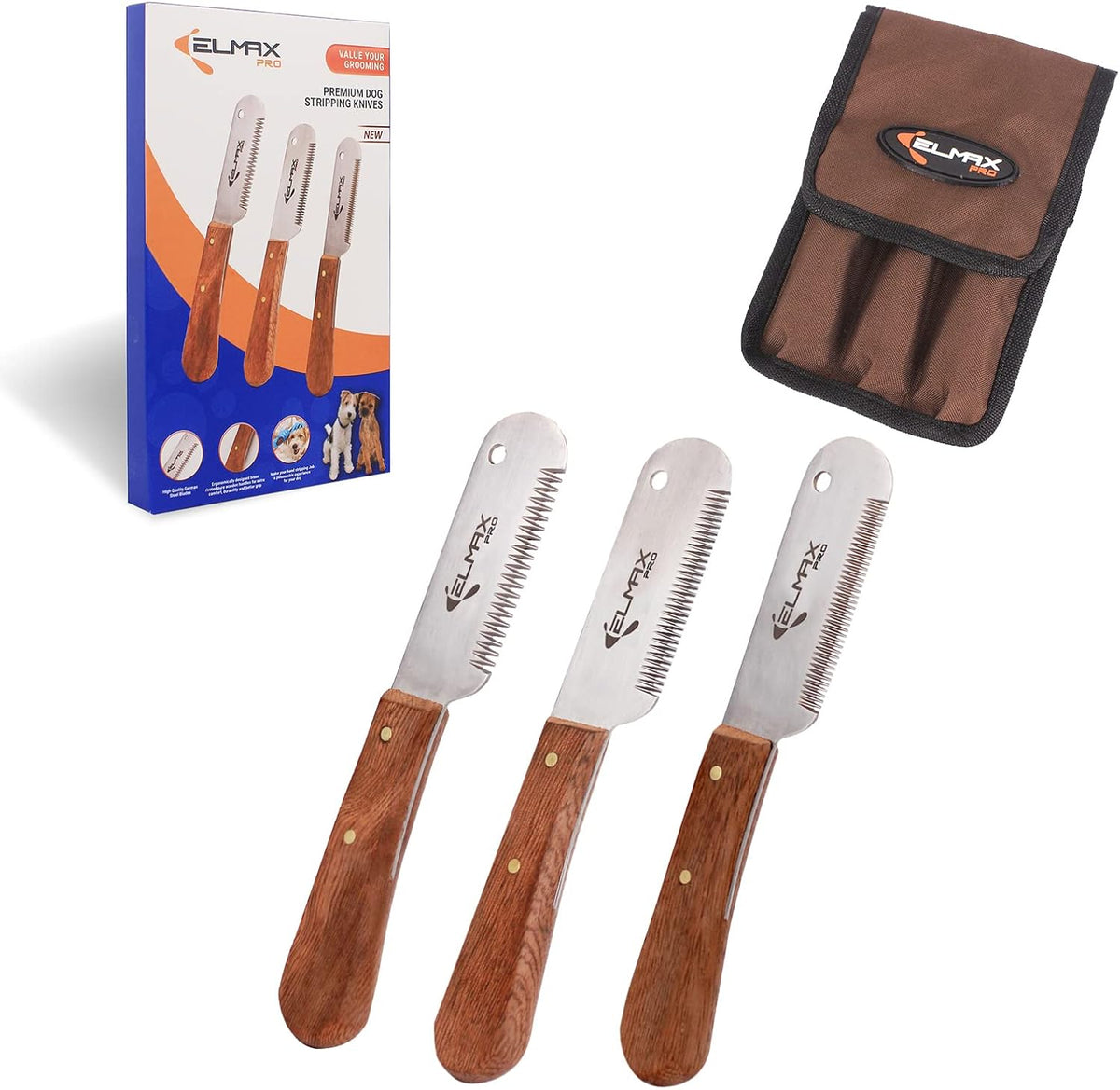 Elmax Pro professional dog stripping knife set front view with rosewood handles and stainless steel blades