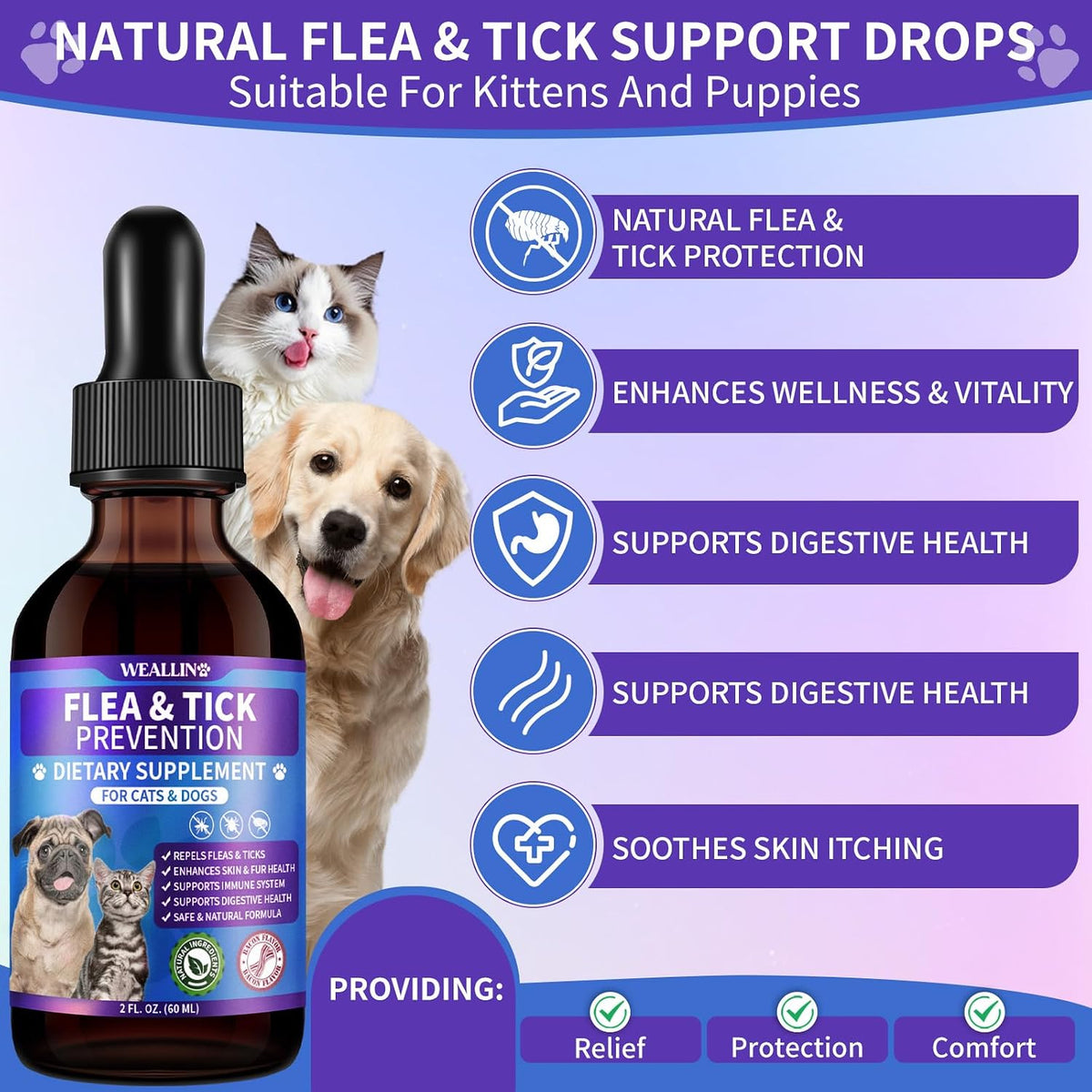 WEALLIN natural flea treatment drops showing the botanical ingredients and bacon flavor icon.