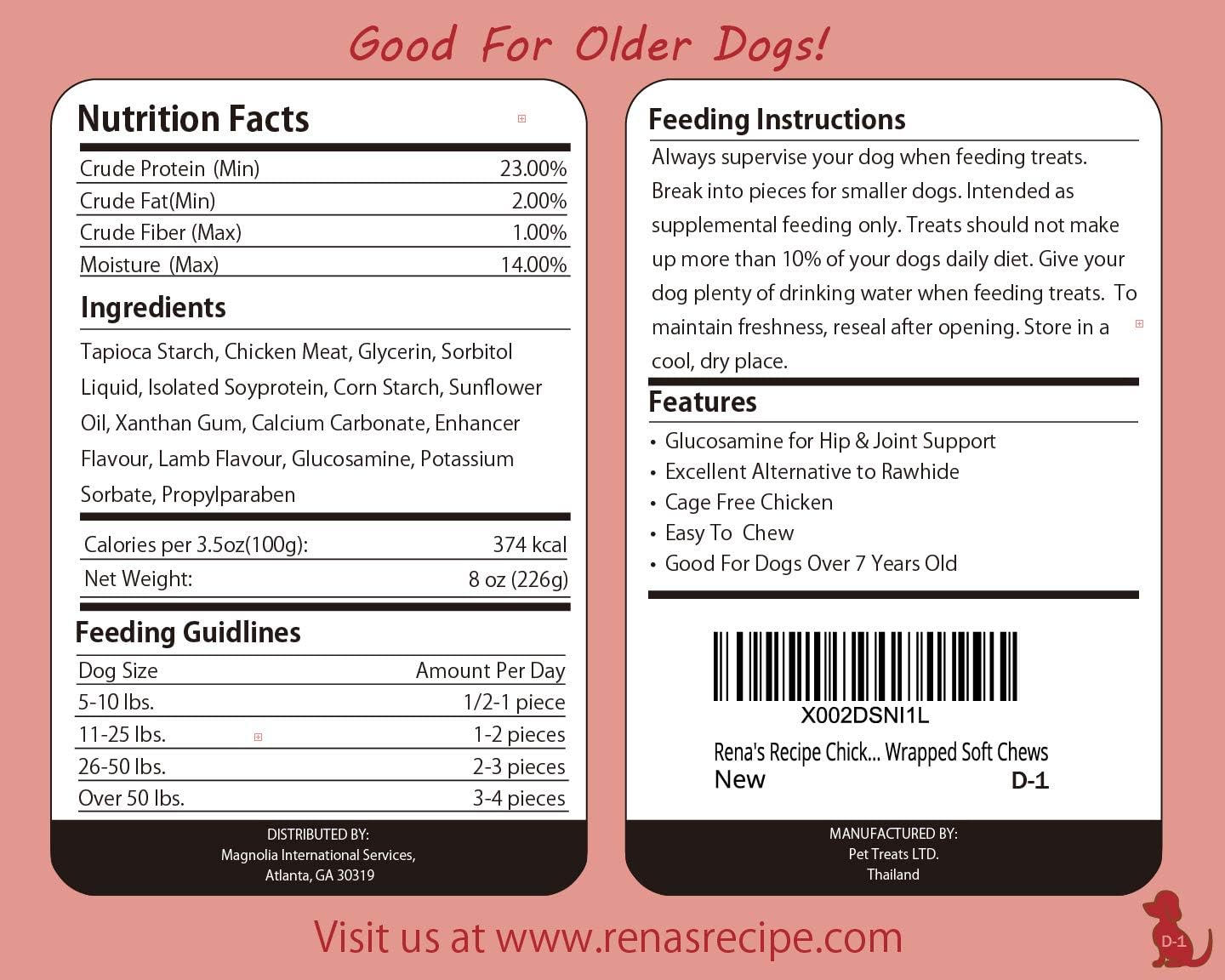 Three packs of Rena's Recipe rawhide-free chicken dog chews