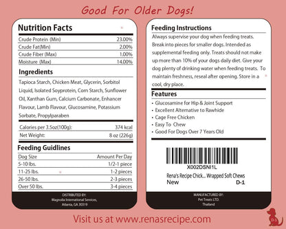 Three packs of Rena's Recipe rawhide-free chicken dog chews