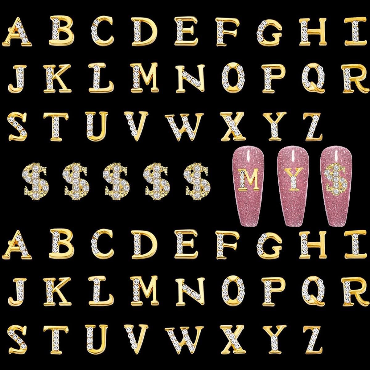 Qiipii gold letters nail studs and dollar sign charms premium container view showcasing rhinestone alphabet alphabet selection.