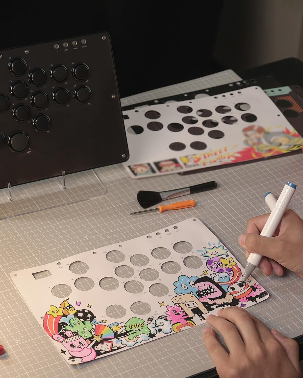 Haute42 arcade fight stick DIY graffiti panel customization options with art templates