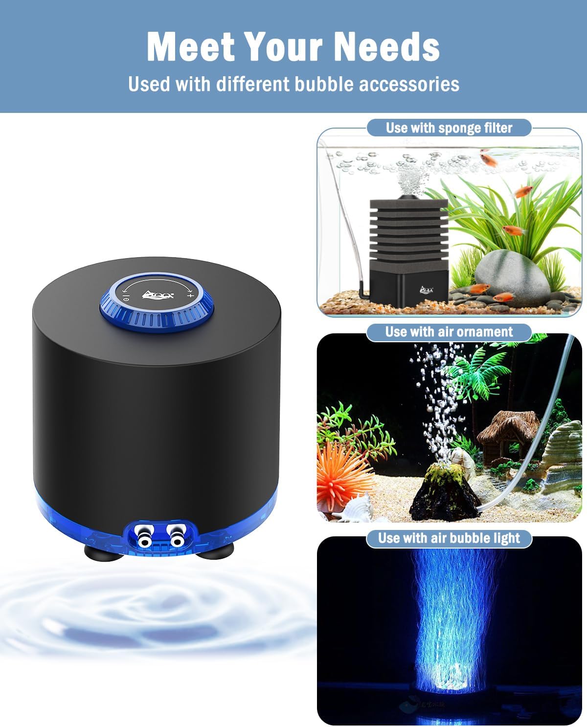 AQQA Aquarium Air Pump, Quiet Powerful Fish Tank Air Pump 3W/6W/10W with Stainless Steel Dual Outlet, Adjustable Oxygen Aerator Pump with Air Stone Bubbler for Fish Tank Up to 200 Gallon 3W (Tubby) - Image 3