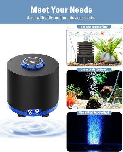 AQQA Aquarium Air Pump, Quiet Powerful Fish Tank Air Pump 3W/6W/10W with Stainless Steel Dual Outlet, Adjustable Oxygen Aerator Pump with Air Stone Bubbler for Fish Tank Up to 200 Gallon 3W (Tubby) - Image 3