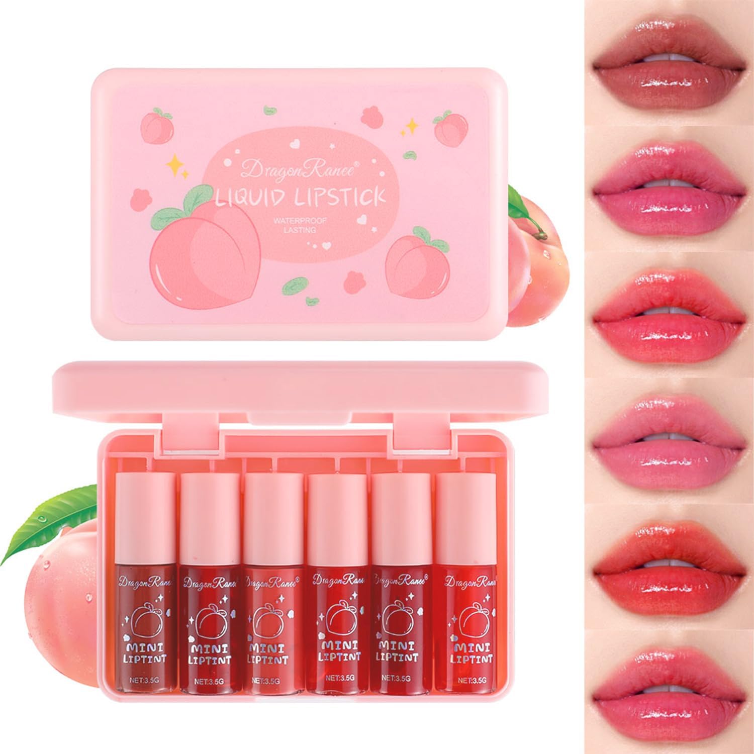 Eakroo 6 Colors Peach Lip Stain Set, Korean Lip Gloss Mini Liquid Lip Tint, Lipstick for Women, Liquid Blush, Lip Plumper, Lip Stain Long Lasting Waterproof, High Pigment, Vivid Color, Cute Stuff - Image 1