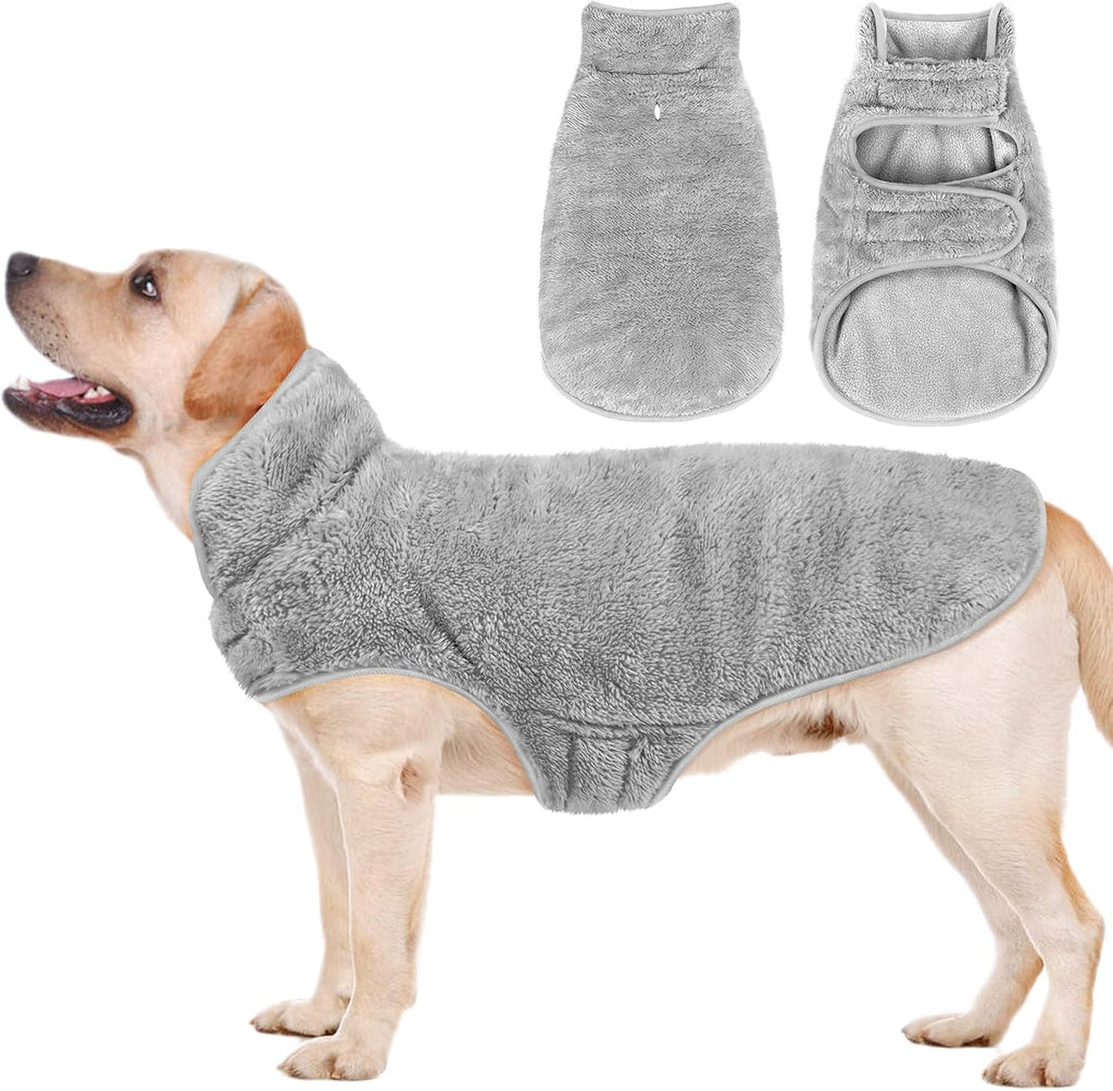 Heavy duty imported pet snow apparel showing neck and belly closures.