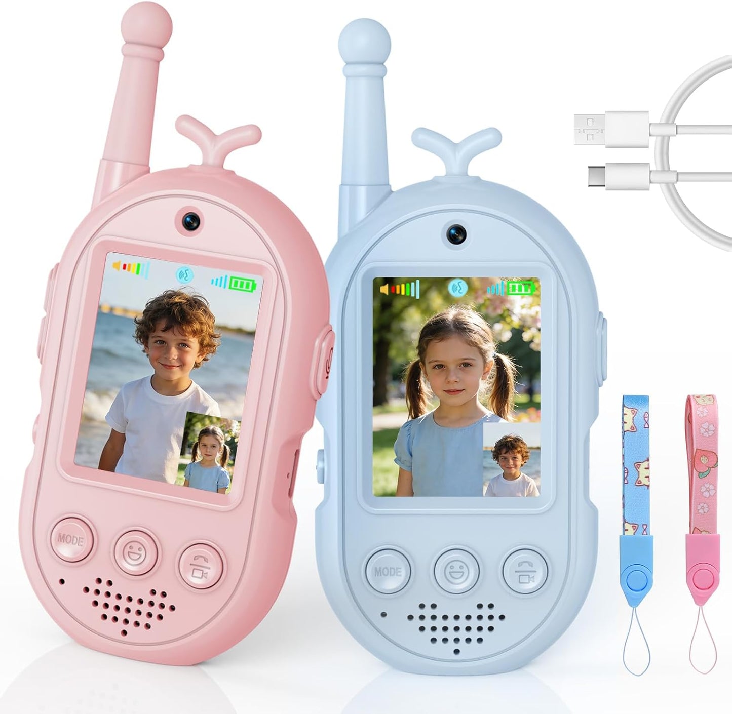 Trigowalt video walkie talkies for kids front view showing pink and blue rechargeable models with screens