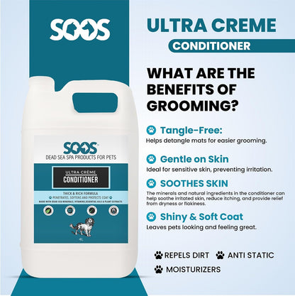 Professional groomer size four liter bottle of Soos pet conditioner