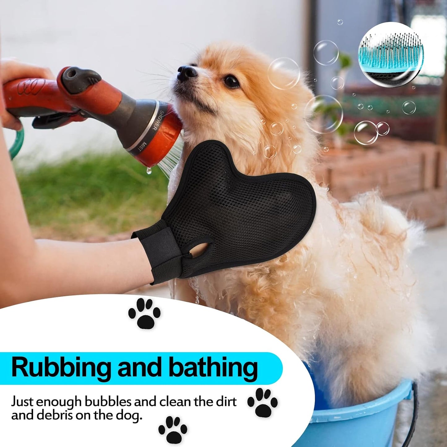 Pet owner using Beenefits glove on long haired dog