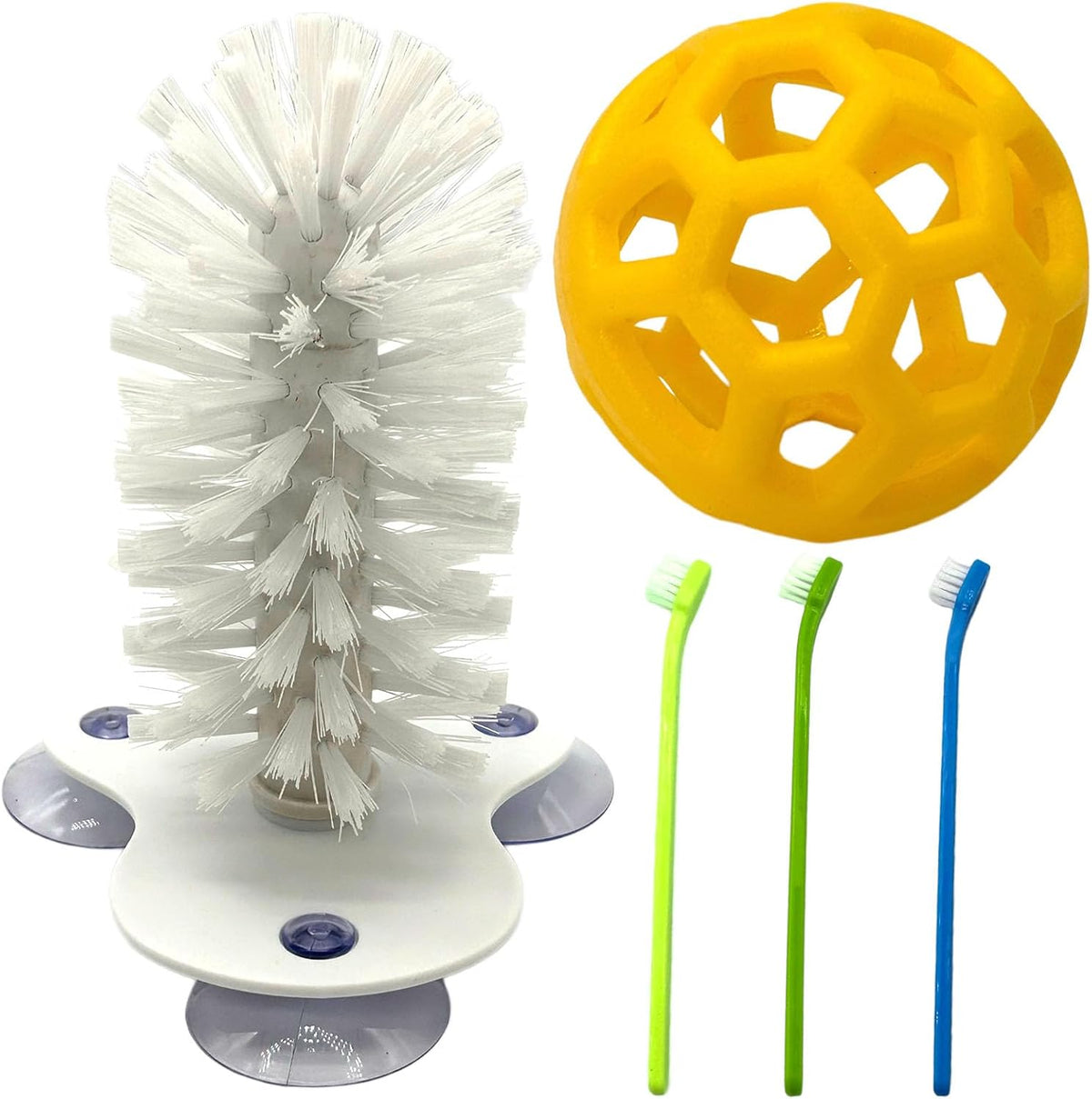MQACPUPY turtle brush with feeder ball front view inside tank setup
