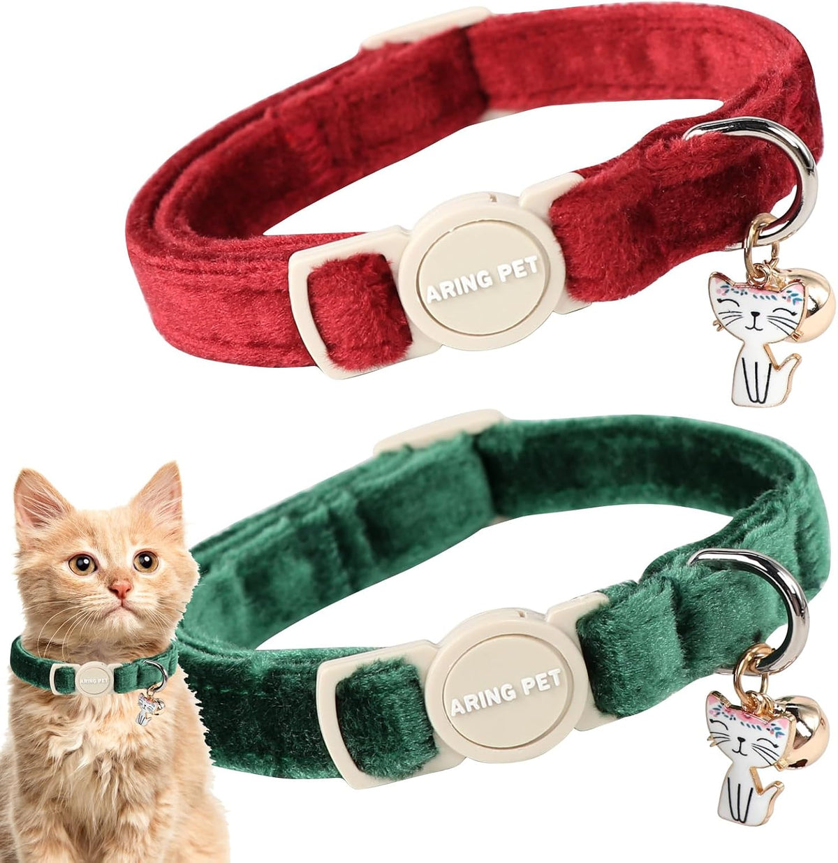 ARING PET 2 Pack Christmas Breakaway Cat Collars front view displaying festive velvet holiday patterns.