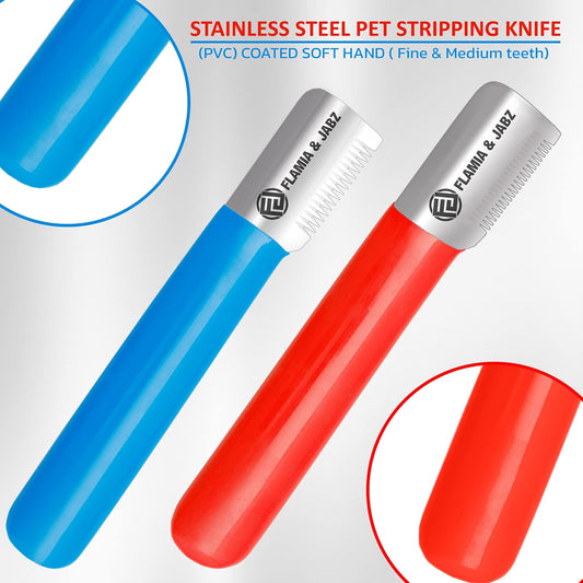 Two piece hand stripping knives with red and blue plastic handles