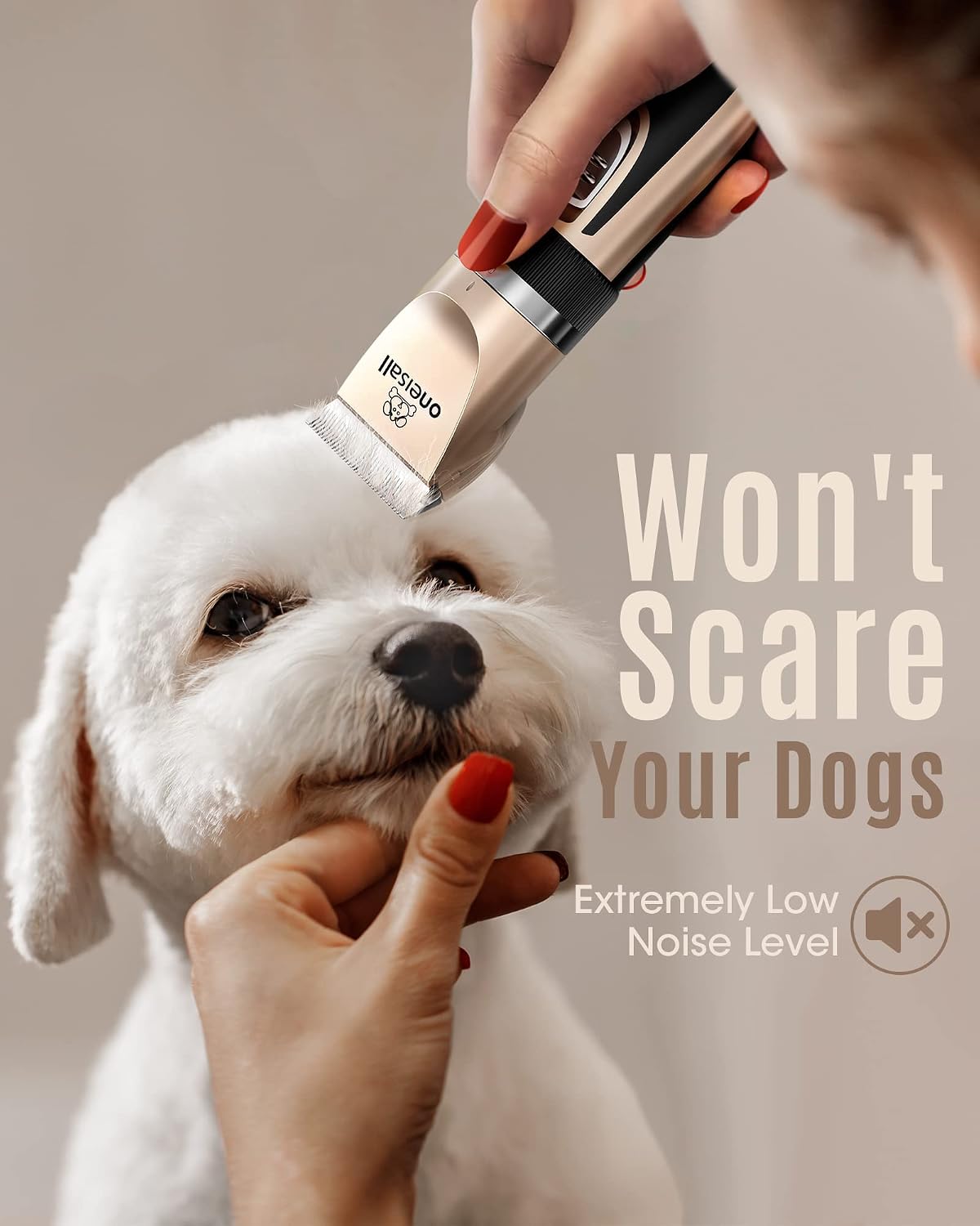 Oneisall pet hair trimmer showing the integrated digital LCD battery percentage screen.