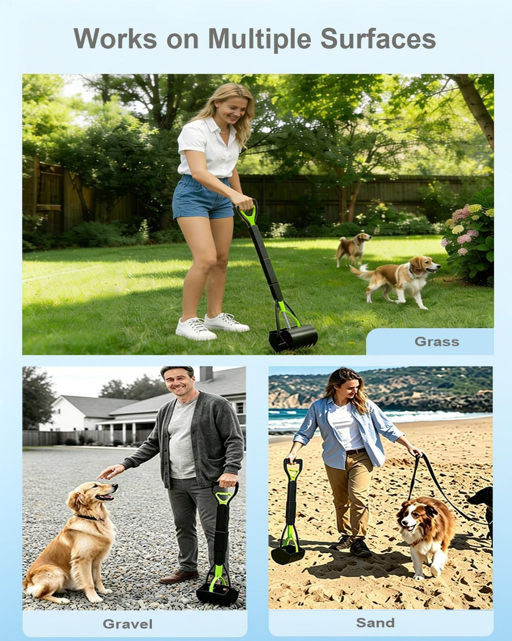 Serrated teeth design lifting pet waste cleanly from gravel surface