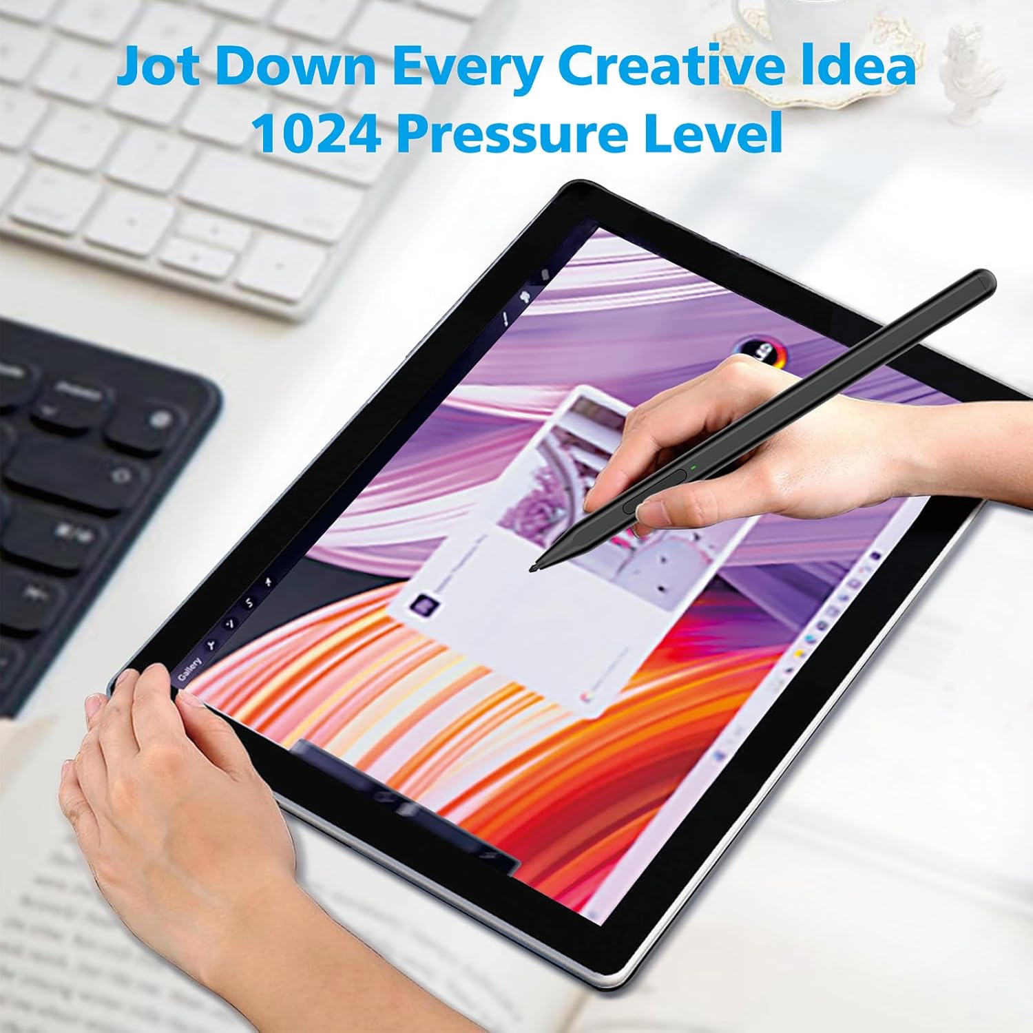 Magnetic tablet stylus snapping securely to the side of a tablet frame