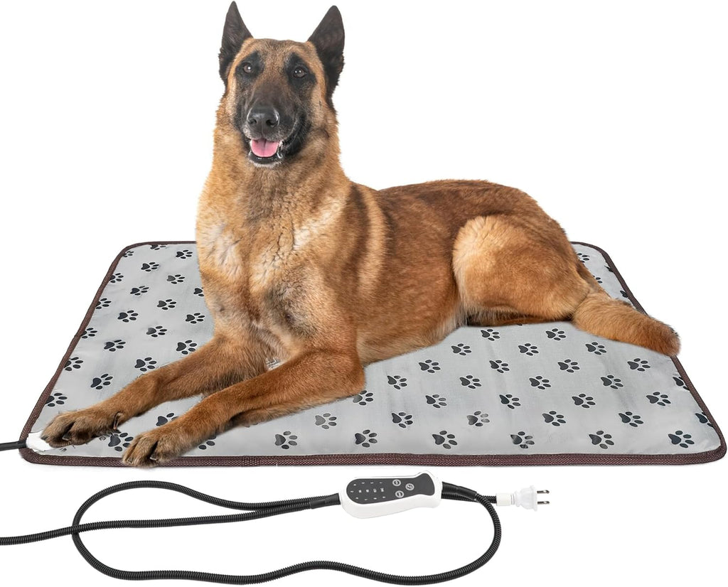 Deoman heated pet mat used inside a sheltered outdoor dog house for winter warmth.