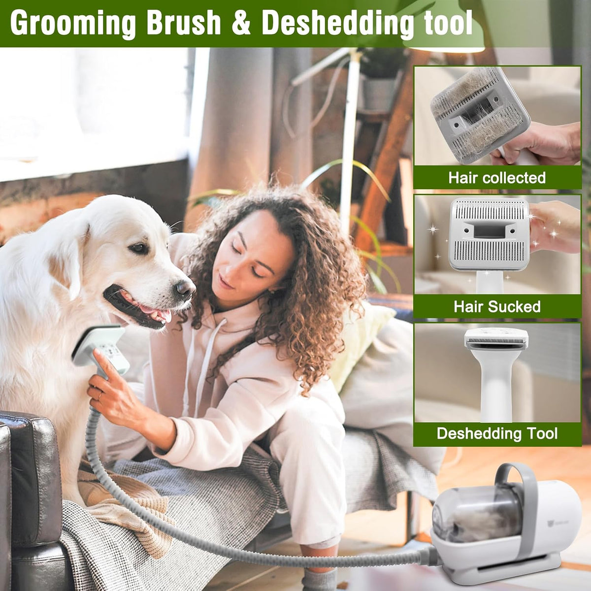 Pet grooming vacuum system being used to brush a dog showing fur suction