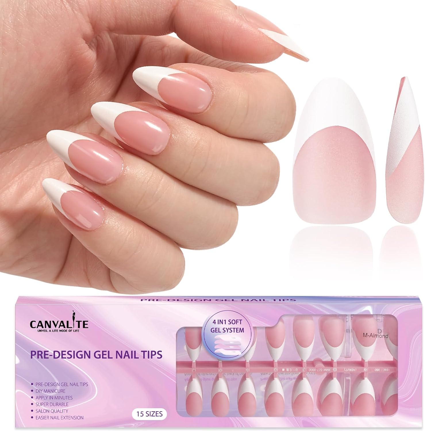CANVALITE French tip press on nails 300pcs set showing pink and white almond fake nails