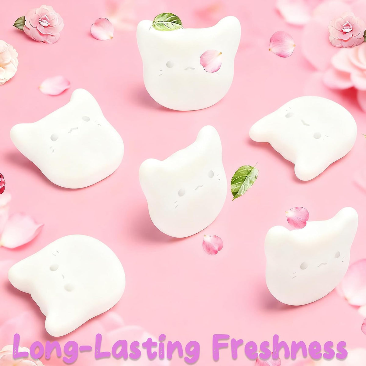 Six pieces of camellia flower scented cat litter deodorizer refills showing universal fit design