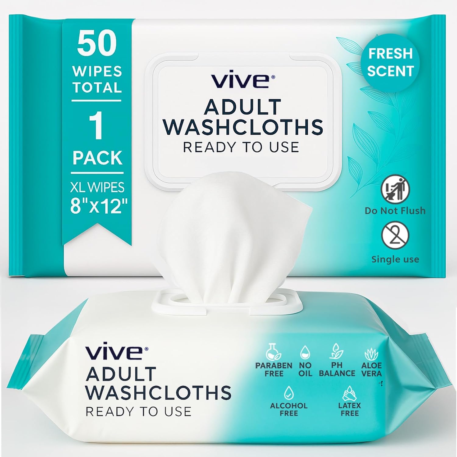 Vive Disposable Washcloths for adults 50 count front pack view