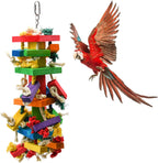 RUBY.Q Large Parrot Toy front view showing multicolored wooden blocks and cotton rope.