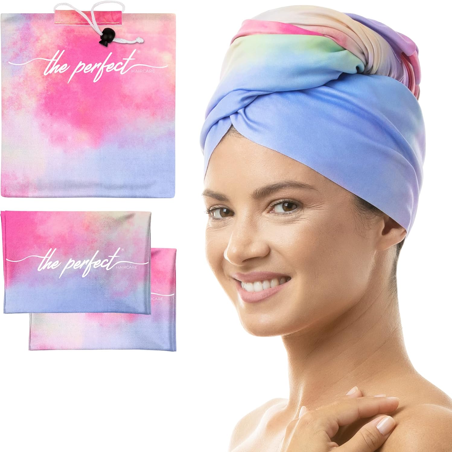 The Perfect Haircare Microfiber Plopping Towel Set front view showcasing the three piece multicolor watercolor kit packaging.
