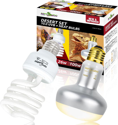 REPTI ZOO reptile heat lamp and UVB bulb combo pack front view showcasing authentic desert habitat lighting.