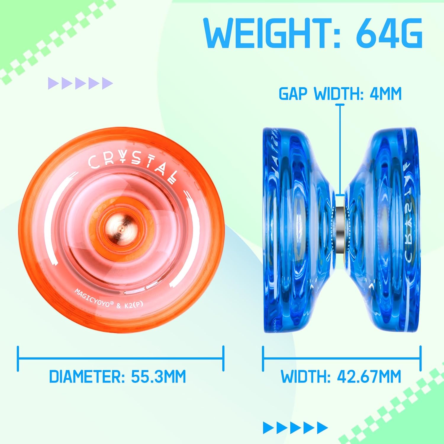 Responsive narrow bearing installed inside the premium polycarbonate crystal yoyo shell.